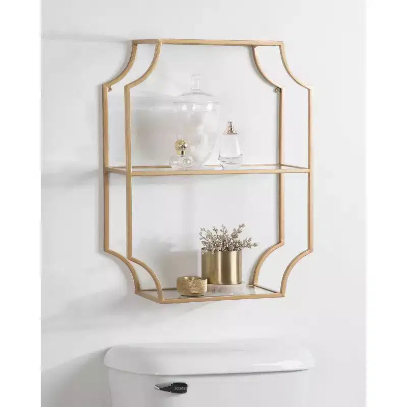 Étagère murale métallique 18" x 24" Dorée : Rangement élégant, présentoir en verre à 3 niveaux