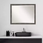 Miroir mural de salle de bain encadré plomb Pinstripe gris 30" x 24" : Rectangle moderne, biseauté, cadre en bois, montage mural