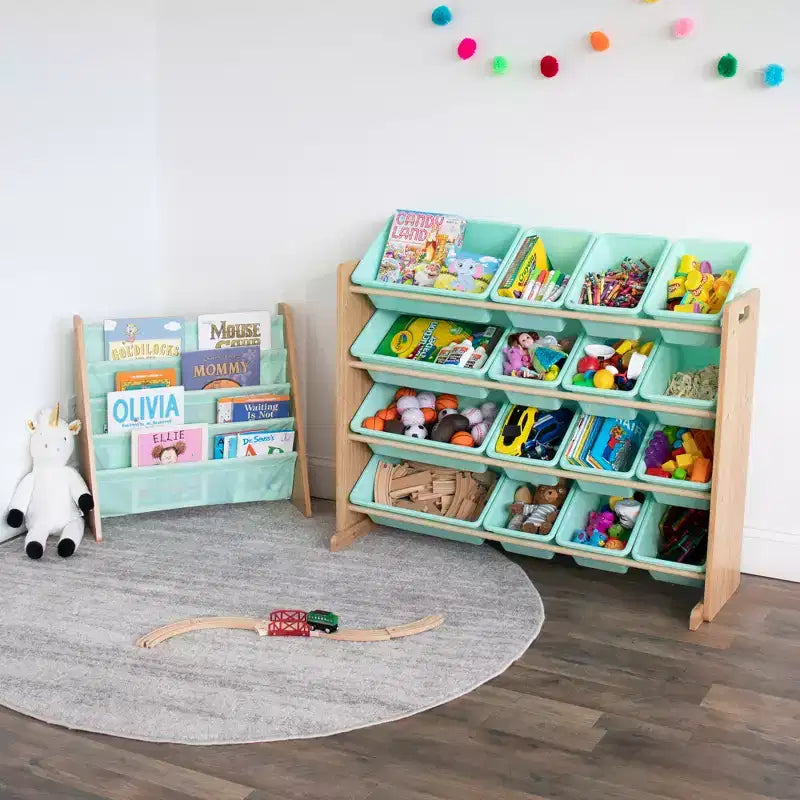 Meuble de rangement pour jouets pour enfants avec 16 bacs de rangement Naturel/Menthe