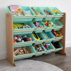 Meuble de rangement pour jouets pour enfants avec 16 bacs de rangement Naturel/Menthe