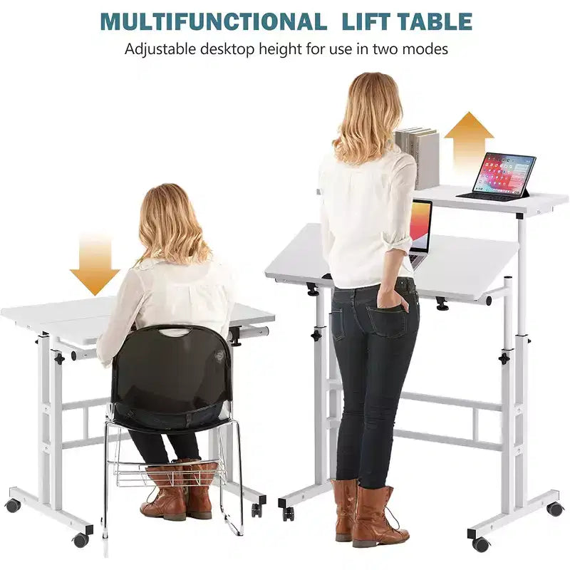 Petit bureau debout à hauteur réglable, bureau mobile avec plateau inclinable et roues verrouillables, bureau d'ordinateur portable roulant portable pour la maison