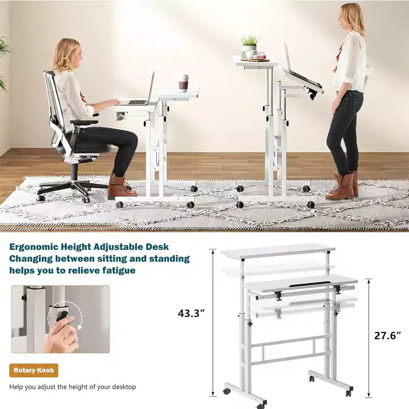 Petit bureau debout à hauteur réglable, bureau mobile avec plateau inclinable et roues verrouillables, bureau d'ordinateur portable roulant portable pour la maison