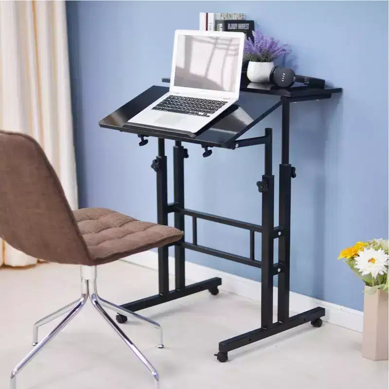 Petit bureau debout à hauteur réglable, bureau mobile avec plateau inclinable et roues verrouillables, bureau d'ordinateur portable roulant portable pour la maison