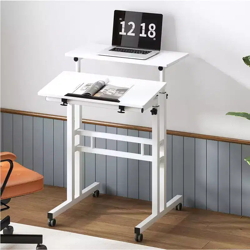 Petit bureau debout à hauteur réglable, bureau mobile avec plateau inclinable et roues verrouillables, bureau d'ordinateur portable roulant portable pour la maison