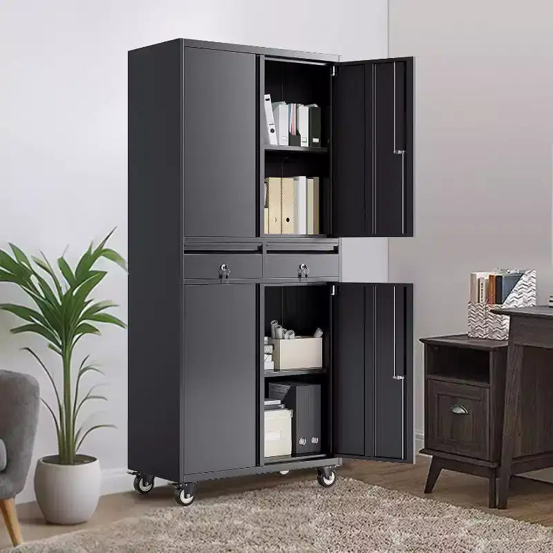 Armoire de rangement métallique 73", 2 tiroirs, portes verrouillables, roulettes, étagères réglables, usage intensif pour garage, bureau, atelier, noire