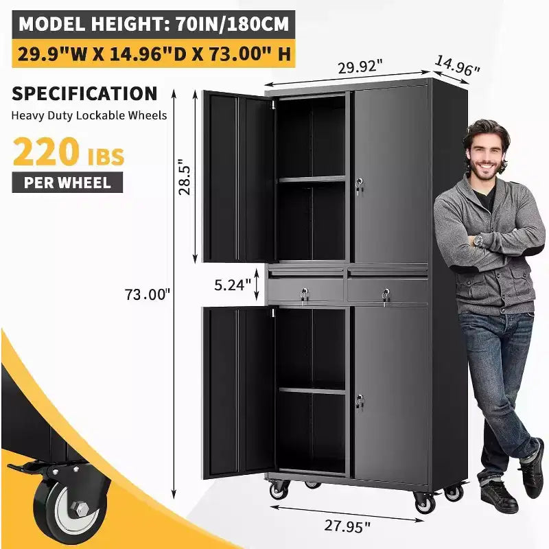 Armoire de rangement métallique 73", 2 tiroirs, portes verrouillables, roulettes, étagères réglables, usage intensif pour garage, bureau, atelier, noire