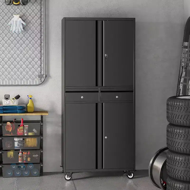 Armoire de rangement métallique 73", 2 tiroirs, portes verrouillables, roulettes, étagères réglables, usage intensif pour garage, bureau, atelier, noire