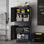 Armoire de rangement métallique 73", 2 tiroirs, portes verrouillables, roulettes, étagères réglables, usage intensif pour garage, bureau, atelier, noire