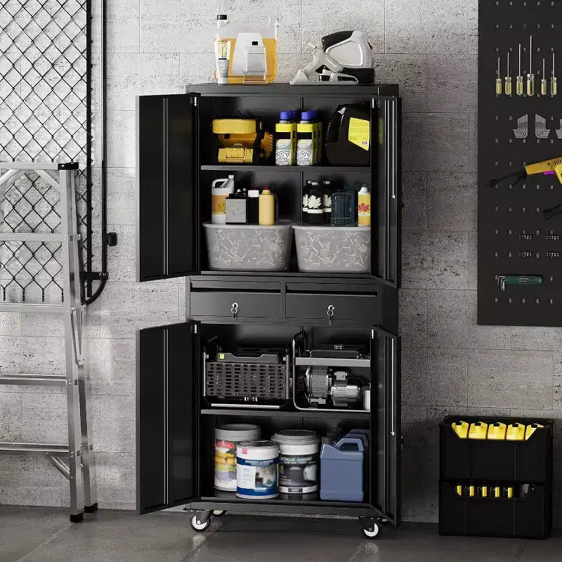 Armoire de rangement métallique 73", 2 tiroirs, portes verrouillables, roulettes, étagères réglables, usage intensif pour garage, bureau, atelier, noire
