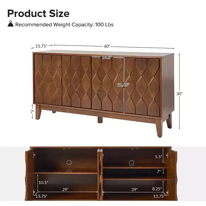 Bahut large moderne de 60 po avec façades de porte à relief géométrique - Noyer
