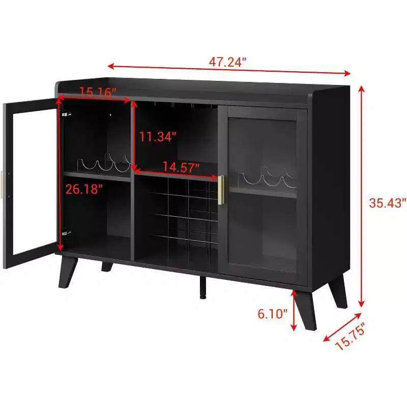 Meuble Bar Cabinet à Liqueurs 47" avec Lumière LED, Buffet de Cuisine avec Porte Vitrée et Étagère Ouverte pour Salon Salle à Manger, Noir