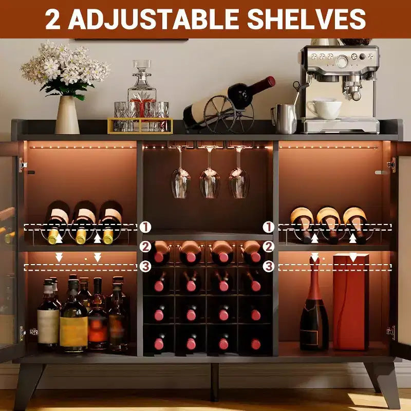 Meuble Bar Cabinet à Liqueurs 47" avec Lumière LED, Buffet de Cuisine avec Porte Vitrée et Étagère Ouverte pour Salon Salle à Manger, Noir