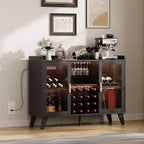 Meuble Bar Cabinet à Liqueurs 47" avec Lumière LED, Buffet de Cuisine avec Porte Vitrée et Étagère Ouverte pour Salon Salle à Manger, Noir