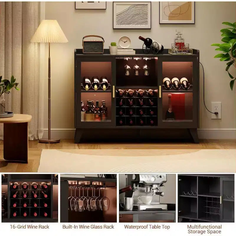 Meuble Bar Cabinet à Liqueurs 47" avec Lumière LED, Buffet de Cuisine avec Porte Vitrée et Étagère Ouverte pour Salon Salle à Manger, Noir