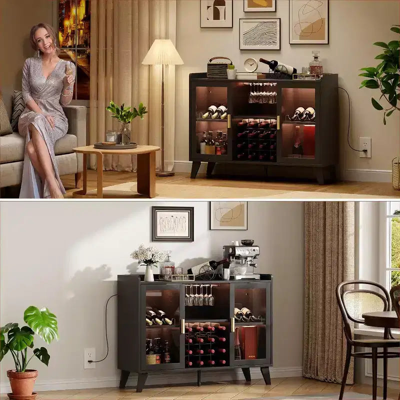 Meuble Bar Cabinet à Liqueurs 47" avec Lumière LED, Buffet de Cuisine avec Porte Vitrée et Étagère Ouverte pour Salon Salle à Manger, Noir
