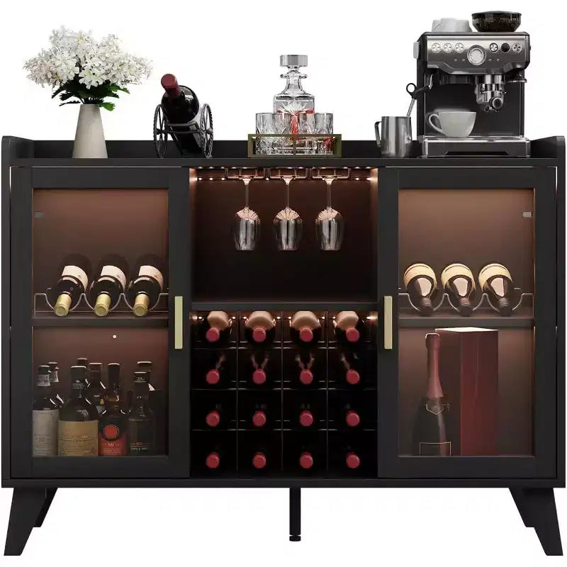 Meuble Bar Cabinet à Liqueurs 47" avec Lumière LED, Buffet de Cuisine avec Porte Vitrée et Étagère Ouverte pour Salon Salle à Manger, Noir