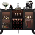 Meuble Bar Cabinet à Liqueurs 47" avec Lumière LED, Buffet de Cuisine avec Porte Vitrée et Étagère Ouverte pour Salon Salle à Manger, Noir