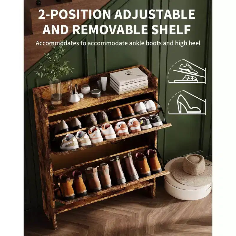 Meuble à chaussures, Meuble à chaussures autonome avec 2 tiroirs basculants, Étagère à chaussures étroite moderne pour entrée et couloir