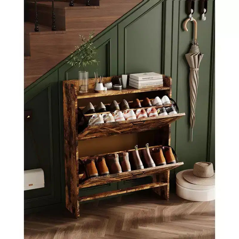 Meuble à chaussures, Meuble à chaussures autonome avec 2 tiroirs basculants, Étagère à chaussures étroite moderne pour entrée et couloir