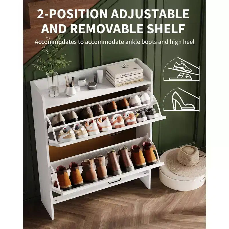 Meuble à chaussures, Meuble à chaussures autonome avec 2 tiroirs basculants, Étagère à chaussures étroite moderne pour entrée et couloir