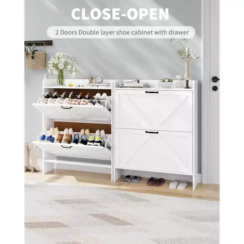 Meuble à chaussures, Meuble à chaussures autonome avec 2 tiroirs basculants, Étagère à chaussures étroite moderne pour entrée et couloir