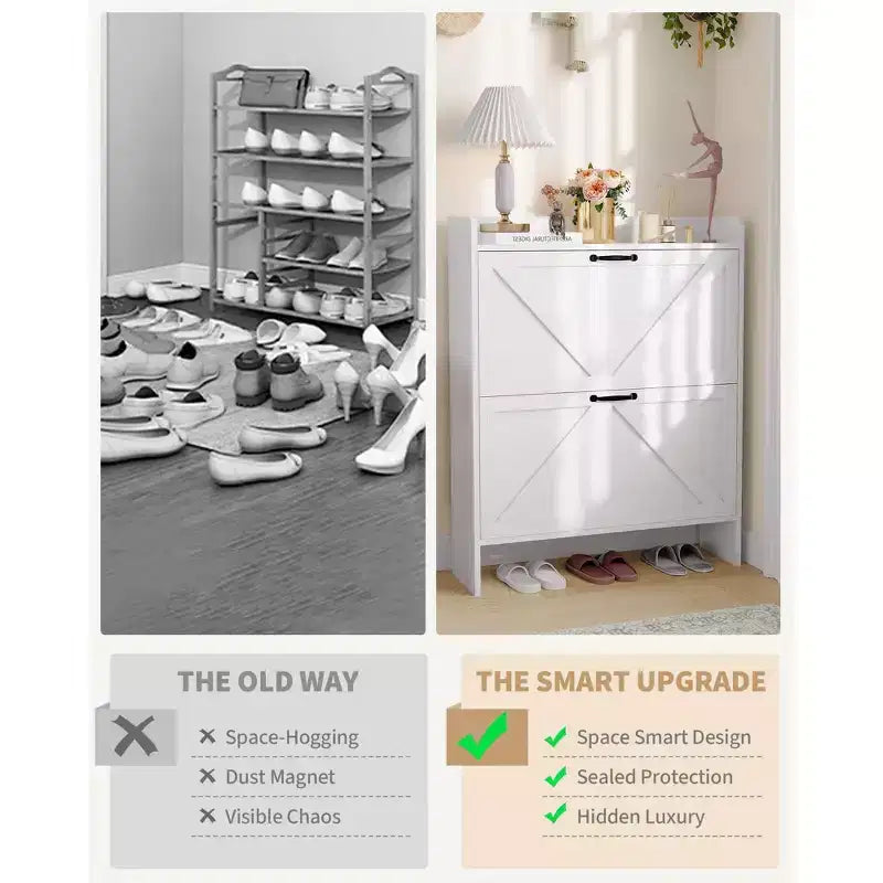 Meuble à chaussures, Meuble à chaussures autonome avec 2 tiroirs basculants, Étagère à chaussures étroite moderne pour entrée et couloir