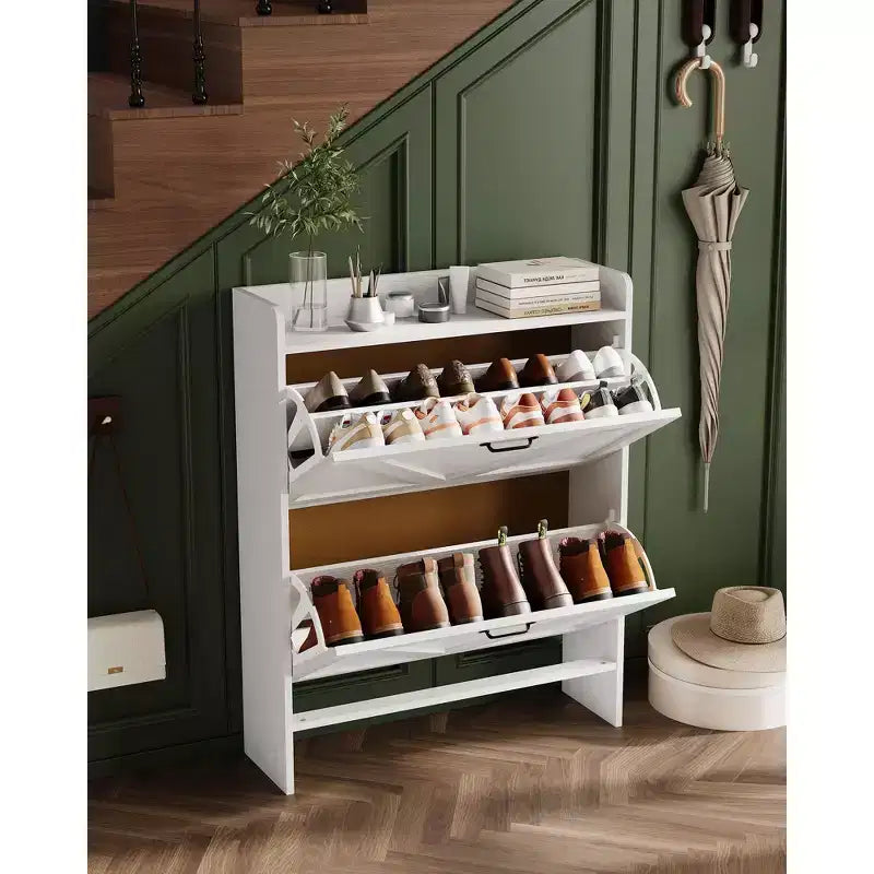 Meuble à chaussures, Meuble à chaussures autonome avec 2 tiroirs basculants, Étagère à chaussures étroite moderne pour entrée et couloir