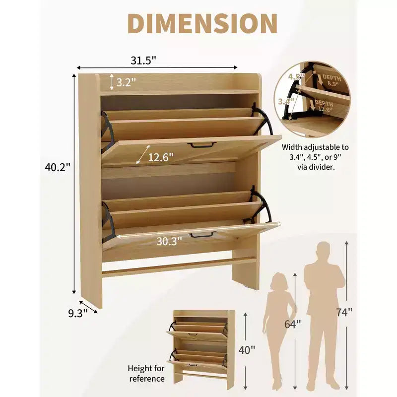 Meuble à chaussures, Meuble à chaussures autonome avec 2 tiroirs basculants, Étagère à chaussures étroite moderne pour entrée et couloir