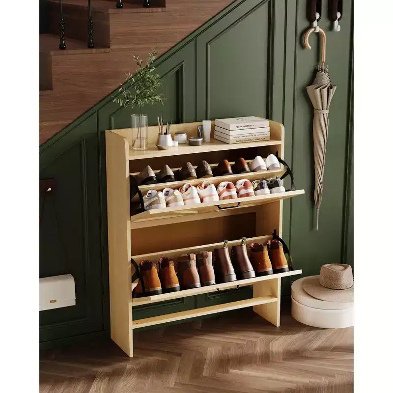 Meuble à chaussures, Meuble à chaussures autonome avec 2 tiroirs basculants, Étagère à chaussures étroite moderne pour entrée et couloir