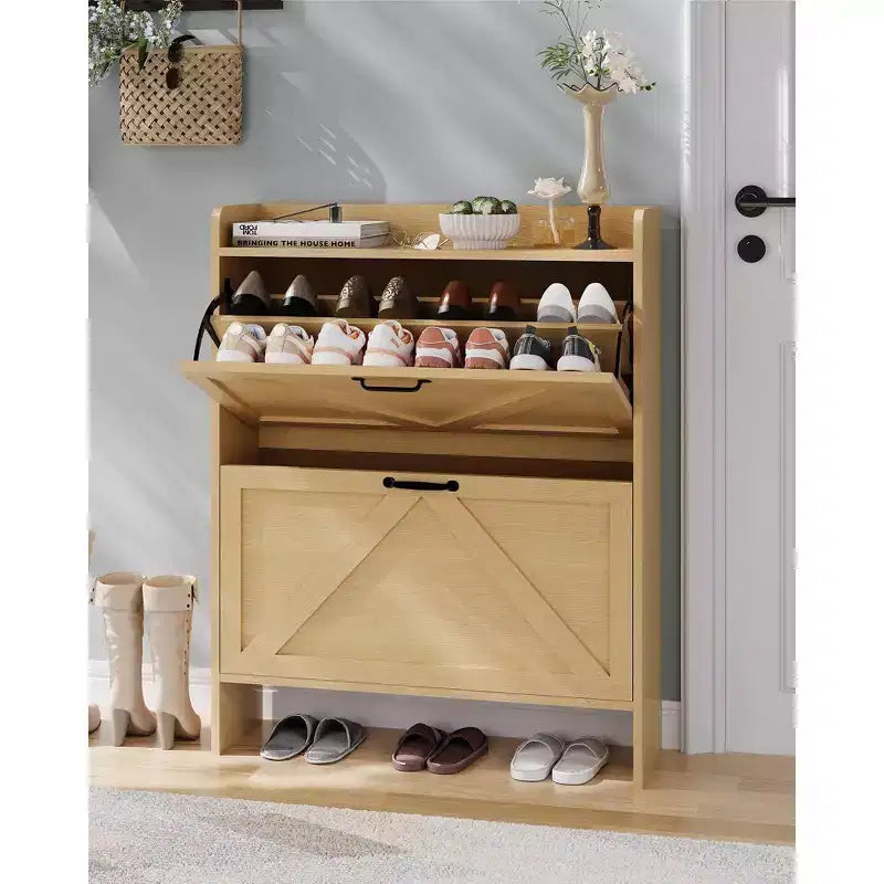 Meuble à chaussures, Meuble à chaussures autonome avec 2 tiroirs basculants, Étagère à chaussures étroite moderne pour entrée et couloir