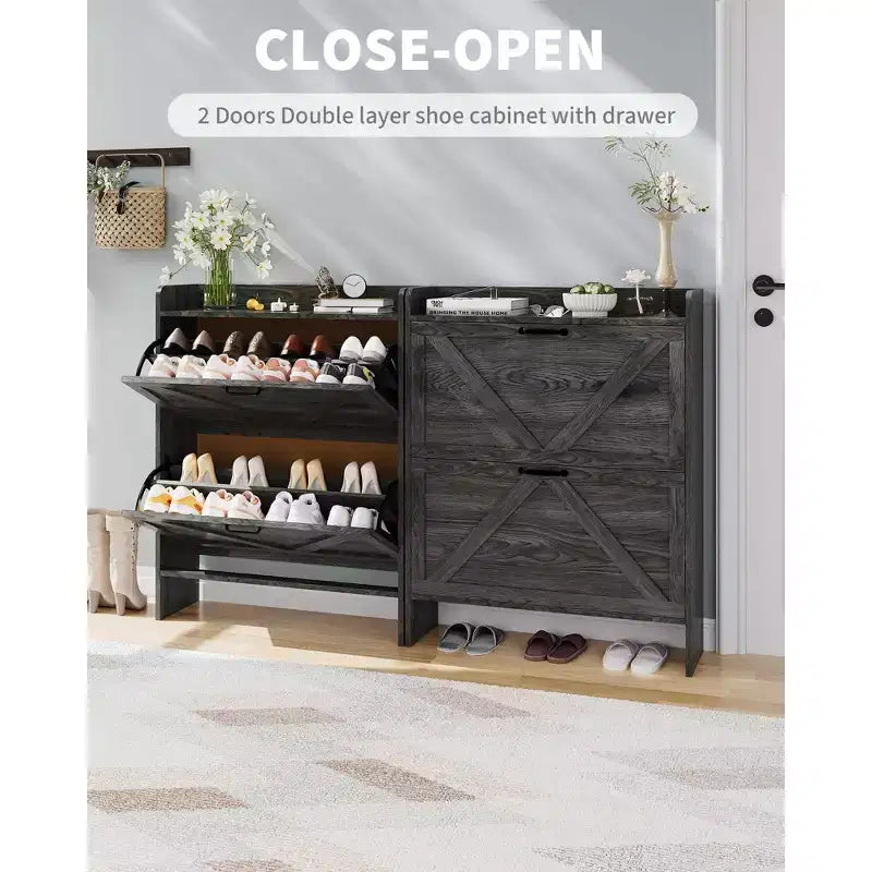 Meuble à chaussures, Meuble à chaussures autonome avec 2 tiroirs basculants, Étagère à chaussures étroite moderne pour entrée et couloir