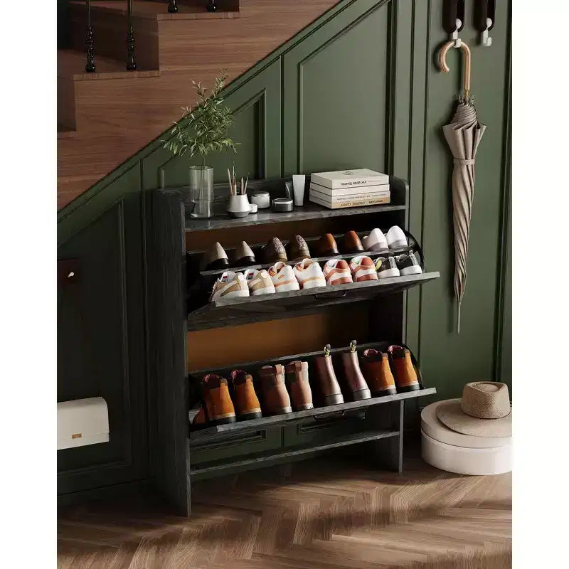 Meuble à chaussures, Meuble à chaussures autonome avec 2 tiroirs basculants, Étagère à chaussures étroite moderne pour entrée et couloir