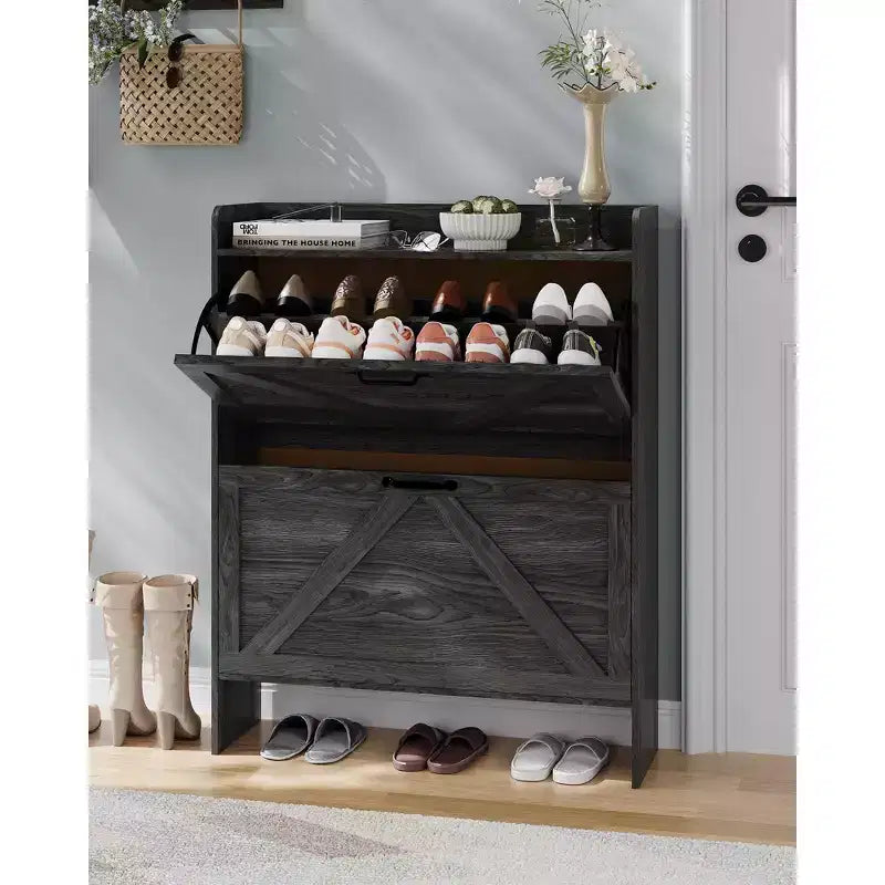 Meuble à chaussures, Meuble à chaussures autonome avec 2 tiroirs basculants, Étagère à chaussures étroite moderne pour entrée et couloir