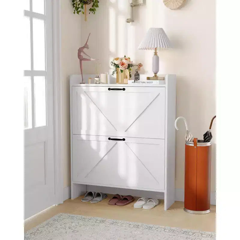 Meuble à chaussures, Meuble à chaussures autonome avec 2 tiroirs basculants, Étagère à chaussures étroite moderne pour entrée et couloir