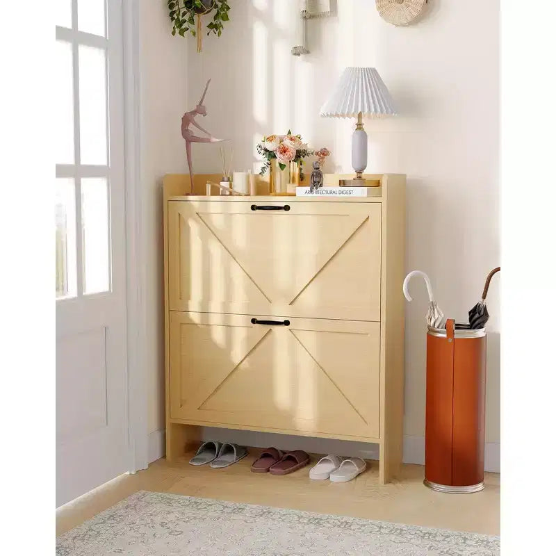 Meuble à chaussures, Meuble à chaussures autonome avec 2 tiroirs basculants, Étagère à chaussures étroite moderne pour entrée et couloir