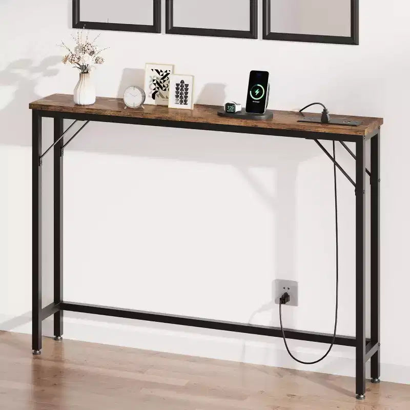 39.3 Console avec station d'alimentation intégrée, table d'entrée étroite avec ports USB et prises de courant, table de canapé pour salon