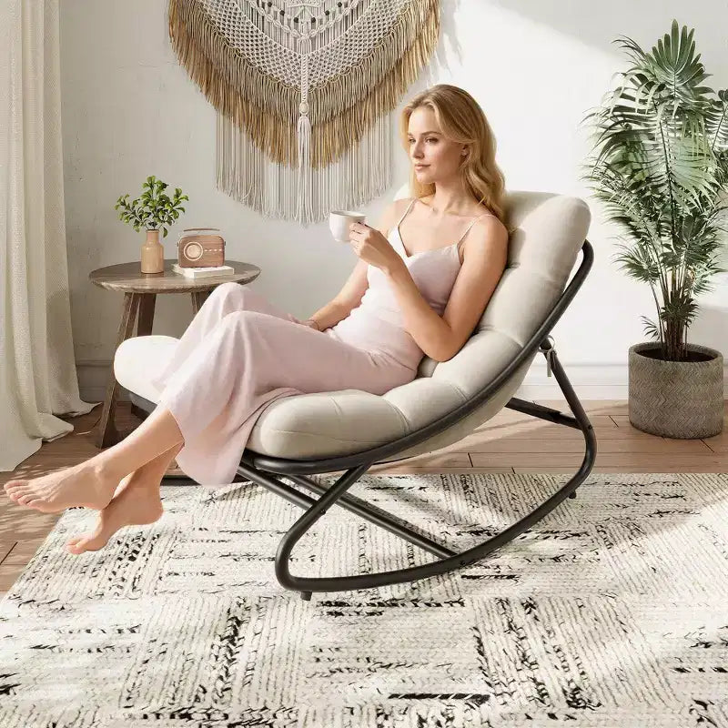 Fauteuil à bascule d'extérieur Papasan avec coussin pour terrasse, véranda ou balcon, fauteuil de salon rond et confortable