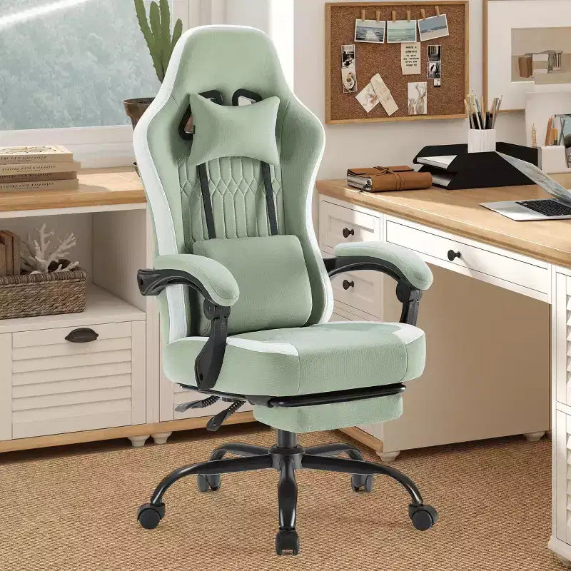 Chaise de jeu d'ordinateur avec support lombaire, hauteur réglable, roues pivotantes à 360°, accoudoirs et appuie-tête inclus
