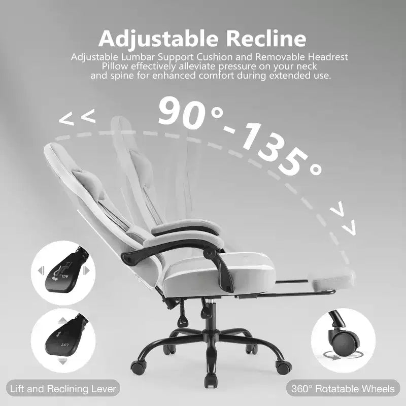 Chaise de jeu d'ordinateur avec support lombaire, hauteur réglable, roues pivotantes à 360°, accoudoirs et appuie-tête inclus