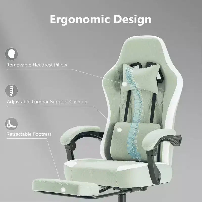 Chaise de jeu d'ordinateur avec support lombaire, hauteur réglable, roues pivotantes à 360°, accoudoirs et appuie-tête inclus