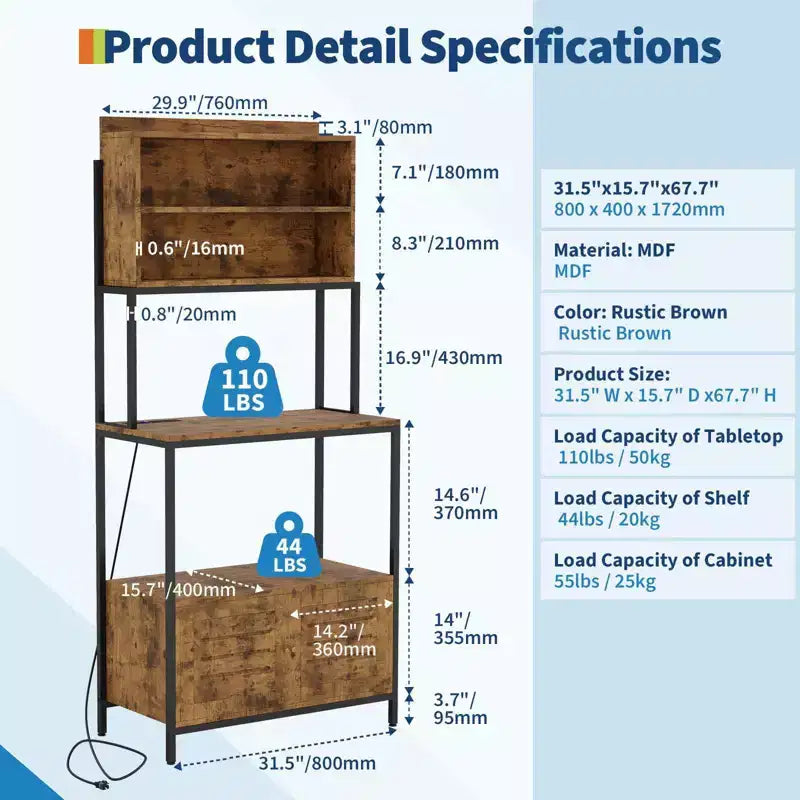 67.7 Étagère de boulanger à 5 niveaux brun rustique avec prise de courant C Meuble de rangement industriel pour four à micro-ondes et armoire de cuisine pour casseroles/poêles/épices