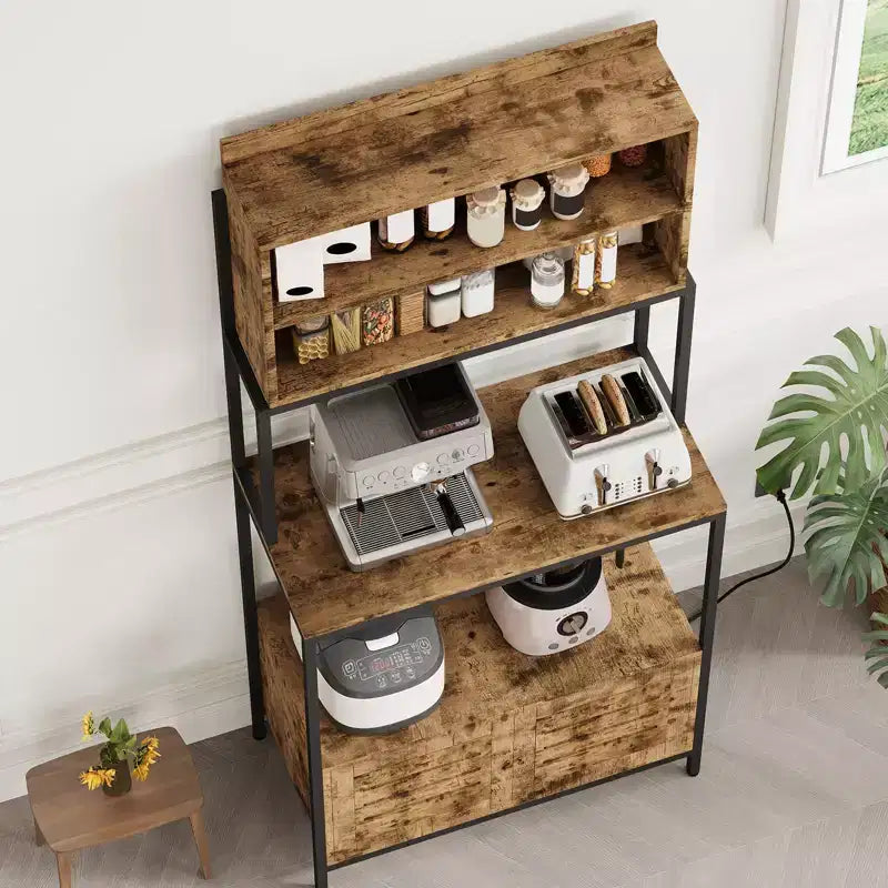 67.7 Étagère de boulanger à 5 niveaux brun rustique avec prise de courant C Meuble de rangement industriel pour four à micro-ondes et armoire de cuisine pour casseroles/poêles/épices