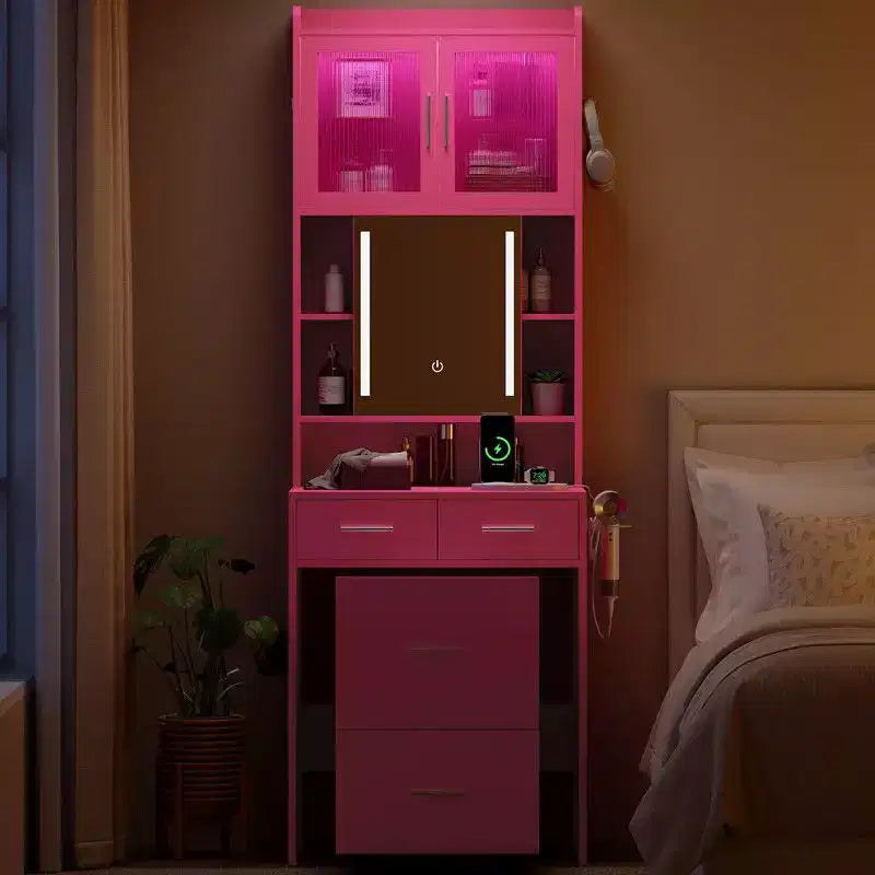 Coiffeuse à 3 tiroirs et 2 portes en panneaux de particules roses avec finition en mélamine texturée