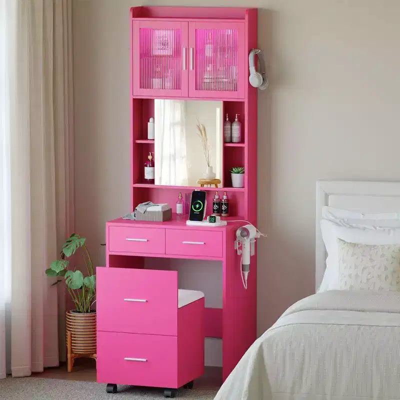 Coiffeuse à 3 tiroirs et 2 portes en panneaux de particules roses avec finition en mélamine texturée