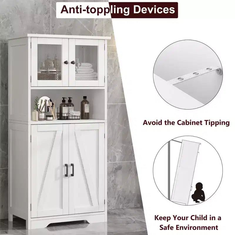 Meuble de rangement haut de salle de bain de 127 cm, Armoire de salle de bain autoportante avec 4 portes et étagères réglables pour salon salle à manger