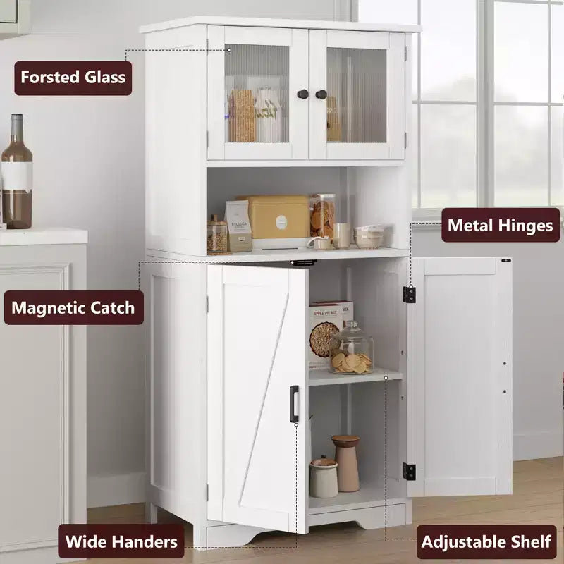 Meuble de rangement haut de salle de bain de 127 cm, Armoire de salle de bain autoportante avec 4 portes et étagères réglables pour salon salle à manger