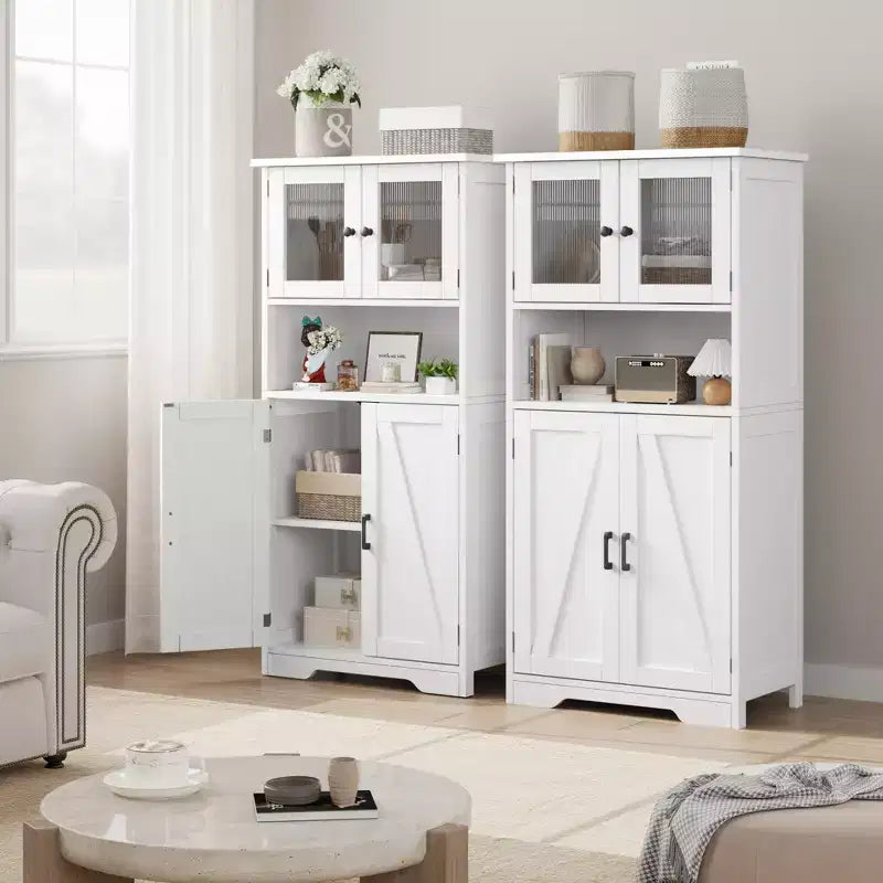 Meuble de rangement haut de salle de bain de 127 cm, Armoire de salle de bain autoportante avec 4 portes et étagères réglables pour salon salle à manger