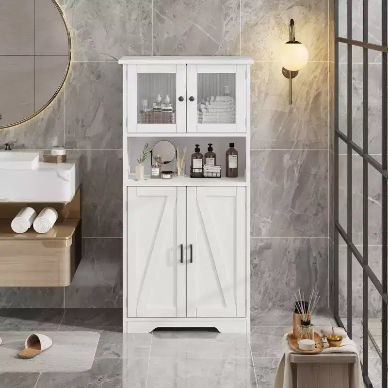 Meuble de rangement haut de salle de bain de 127 cm, Armoire de salle de bain autoportante avec 4 portes et étagères réglables pour salon salle à manger