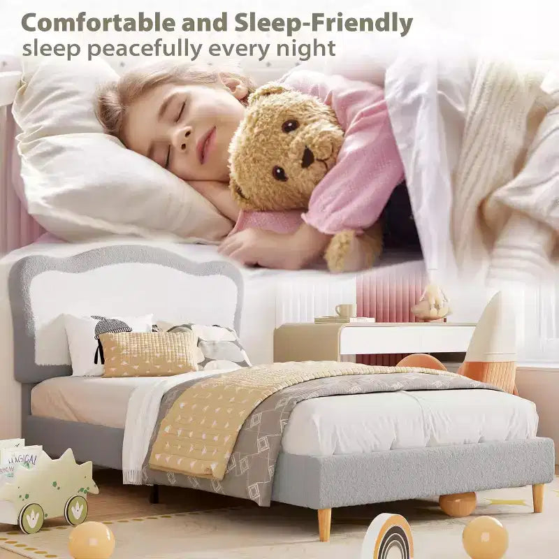 Cadre de lit pour enfants, cadre de lit simple rembourré pour enfants, avec tête de lit festonnée, joli lit en velours pour filles, garçons
