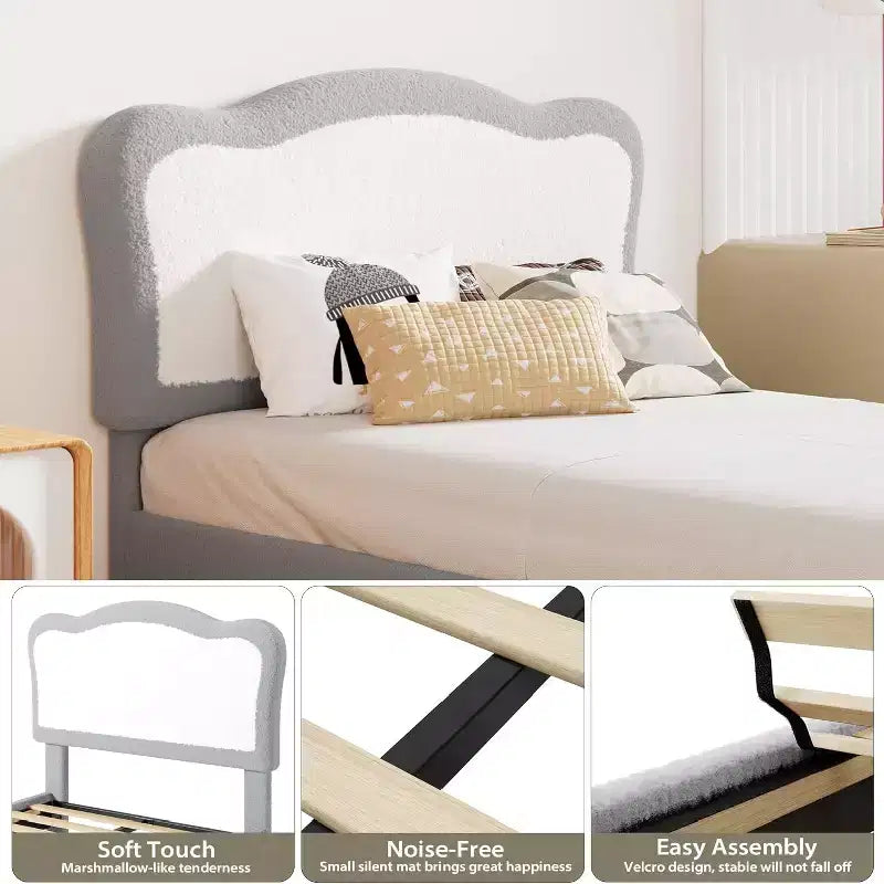 Cadre de lit pour enfants, cadre de lit simple rembourré pour enfants, avec tête de lit festonnée, joli lit en velours pour filles, garçons